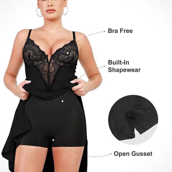 POPILUSH The Shapewear Dress Lace Slip Split Maxi black Size M NWT in packaging‎ - Picture 2 of 8